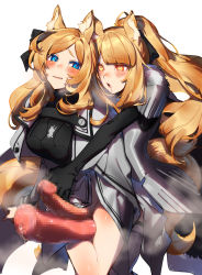  2girls animal_ears animal_penis arknights armor aunt_and_niece black_gloves blemishine_(arknights) blonde_hair blue_eyes blush censored commentary_request cowboy_shot drooling elbow_gloves futanari gloves heart heart-shaped_pupils highres horse_ears horse_girl horse_penis horse_tail incest large_penis looking_at_viewer mirin_chikuwa mosaic_censoring multiple_girls no_headwear open_mouth penis penis_size_difference ponytail precum sex sex_from_behind simple_background standing symbol-shaped_pupils tail thigh_sex whislash_(arknights) white_background yellow_eyes  rating:Explicit score:89 user:danbooru