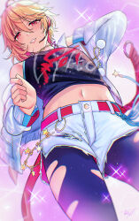  1boy ahoge aina123 arm_behind_head belt blonde_hair blush crop_top crossdressing ensemble_stars! highres jacket looking_at_viewer looking_down microphone midriff navel nito_nazuna open_mouth pantyhose pantyhose_under_shorts red_belt red_eyes shorts signature solo sweat sweatdrop thighhighs torn_clothes torn_thighhighs trap white_jacket 
