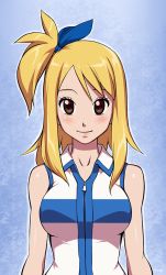  1girl blonde_hair breasts brown_eyes fairy_tail female_focus gradient_background hair_ribbon long_hair lucy_heartfilia optionaltypo ribbon solo upper_body  rating:Sensitive score:47 user:Th3A1chemist
