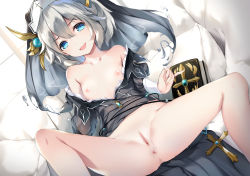  1girl aged_down bare_legs bare_shoulders black_dress blue_eyes breasts date_a_live dress female_focus hair_between_eyes highres honjou_nia knees_up loli looking_at_viewer lying nipples no_bra nun on_back on_bed open_mouth pussy pussy_juice smile solo spread_legs touxing_no_diluka  rating:Explicit score:120 user:nfjogw