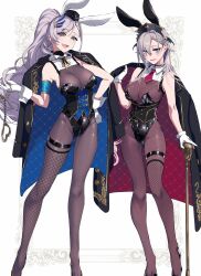  2girls :d alternate_costume animal_ears arm_strap black_coat black_leotard blue_eyes bodystocking breasts cane coat coat_on_shoulders corset cuffs fishnet_thighhighs fishnets full_body gloves gold_trim grey_hair hand_on_own_hip handcuffs hat headdress high_ponytail highres holding holding_cane holding_handcuffs hololive hololive_indonesia indie_virtual_youtuber large_breasts leotard long_hair looking_at_viewer mole mole_under_mouth multiple_girls neck_ribbon necktie open_mouth pantyhose pavolia_reine playboy_bunny pochi_(pochi-goya) pochimaru_(vtuber) purple_hair rabbit_ears red_necktie ribbon short_necktie single_thighhigh smile standing thighhighs very_long_hair white_gloves 