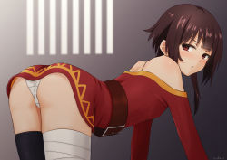  1girl absurdres all_fours ass bandaged_leg bandages bare_back bare_shoulders belt belt_buckle black_thighhighs blush breasts brown_belt brown_hair buckle closed_mouth commentary crotch_seam dress feet_out_of_frame grey_background highres kono_subarashii_sekai_ni_shukufuku_wo! looking_at_viewer looking_back megumin nose_blush paid_reward_available panties red_dress shadow short_dress short_hair_with_long_locks shoulder_blades sidelocks single_thighhigh sirokohi skindentation small_breasts solo thighhighs underwear v-shaped_eyebrows white_panties  rating:Sensitive score:269 user:danbooru