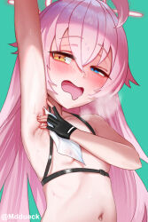  1girl ahoge arm_up armpits blue_archive chest_harness covered_erect_nipples flat_chest halo harness heavy_breathing heterochromia hoshino_(blue_archive) long_hair mddueck navel pink_halo presenting_armpit solo_focus steaming_body sweat topless wiping_sweat 