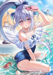  4girls absurdres bare_shoulders beach blue_archive blue_one-piece_swimsuit blurry blurry_background commentary_request crab day dutch_angle frilled_one-piece_swimsuit frills halo highres holding holding_phone long_hair looking_at_viewer madopen miyako_(blue_archive) miyako_(swimsuit)_(blue_archive) multiple_girls ocean off-shoulder_one-piece_swimsuit off_shoulder official_alternate_costume one-piece_swimsuit outdoors phone ponytail purple_eyes sitting solo_focus swimsuit very_long_hair wariza wet white_hair white_innertube 