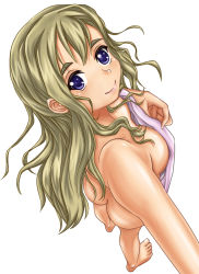  00s 1girl ass barefoot blonde_hair blue_eyes breasts eyebrows female_focus from_above hatter_(b90) k-on! kotobuki_tsumugi large_breasts looking_up nude simple_background solo towel 