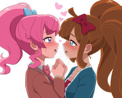 2girls puff_of_air after_kiss ahoge aqua_jacket blazer blue_bow blue_eyes blush bow bowtie braid breath brown_hair brown_jacket collarbone collared_shirt commentary_request crown_braid diamond-shaped_pupils diamond_(shape) eye_contact face-to-face from_side hair_bow half-closed_eyes heart heavy_breathing high_ponytail holding_hands jacket kiratto_pri_chan long_bangs long_hair long_sleeves looking_at_another momoyama_mirai multiple_girls nijinosaki_dia nose_blush open_mouth pink_bow pink_hair pretty_series purple_eyes red_bow red_shirt saliva saliva_trail school_uniform shiny_skin shirt sidelocks simple_background steam sweat symbol-shaped_pupils tongue tongue_out twintails umi_no_tarako upper_body white_background white_shirt yuri