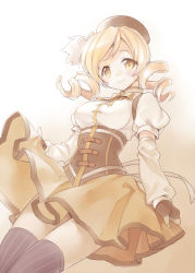 1girl akr_et beige_background beret black_gloves black_thighhighs blonde_hair breasts brown_hat bubble_skirt corset cowboy_shot detached_sleeves drill_hair dutch_angle fingerless_gloves fingernails floating_hair gloves gradient_background hat head_tilt impossible_clothes large_breasts looking_at_viewer mahou_shoujo_madoka_magica mahou_shoujo_madoka_magica_(anime) neck_ribbon pom_pom_(clothes) puffy_short_sleeves puffy_sleeves ribbon short_sleeves sidelocks simple_background skirt skirt_hold smile solo striped_clothes striped_thighhighs thighhighs tomoe_mami twin_drills vertical-striped_clothes vertical-striped_thighhighs white_background yellow_eyes yellow_ribbon yellow_skirt zettai_ryouiki
