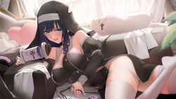  1girl absurdres amano_nene_(vtuber) asmr backlighting binaural_microphone black_hair blue_eyes blush breasts cleavage commentary commission cross cross_necklace curtains detached_sleeves garter_straps heart heart-shaped_pillow highres hiiragi_mikoto jewelry large_breasts latin_cross long_hair looking_at_viewer lying microphone necklace nun on_side open_mouth pillow production_kawaii skeb_commission smile thighhighs unworn_jewelry unworn_necklace virtual_youtuber white_curtains white_thighhighs  rating:Sensitive score:34 user:danbooru
