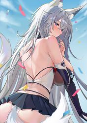  1girl absurdres animal_ear_fluff animal_ears ass azur_lane back backless_outfit bare_back bare_shoulders black_skirt blue_sky blush breasts confetti crop_top elbow_gloves fox_ears fox_tail from_behind gloves highres jintianhuahualema large_breasts long_hair looking_at_viewer median_furrow miniskirt panties pleated_skirt purple_eyes race_queen shinano_(azur_lane) shinano_(moonlit_chrome)_(azur_lane) skindentation skirt sky solo tail underwear white_hair white_panties white_tail  rating:Sensitive score:52 user:danbooru