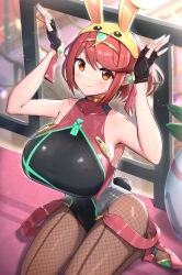  1girl absurdres black_gloves breasts brown_pantyhose bunny_hood_(zelda) chest_jewel closed_mouth commentary_request fingerless_gloves fishnet_pantyhose fishnets gloves gonzarez hands_up highres large_breasts looking_at_viewer one-piece_swimsuit orange_eyes pantyhose pyra_(pro_swimmer)_(xenoblade) pyra_(xenoblade) red_eyes red_hair short_hair simple_background sleeveless smile solo swept_bangs swimsuit white_background xenoblade_chronicles_(series) xenoblade_chronicles_2  rating:Sensitive score:12 user:RIG