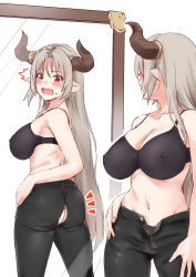 1girl aliza_(granblue_fantasy) ass black_bra black_panties black_pants blush bra breasts cleavage collarbone covered_erect_nipples embarrassed ganari_ryuu granblue_fantasy hand_on_own_hip highres horns large_breasts long_hair looking_at_mirror mirror navel no_shirt open_fly panties pants pointy_ears red_eyes reflection silver_hair solo standing stomach straight_hair sweatdrop torn_clothes torn_pants twisted_torso unbuttoned underwear wardrobe_malfunction rating:Questionable score:30 user:danbooru