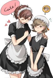  1boy 1girl alternate_costume amada_ken apron black_dress bonnet brown_hair closed_eyes closed_mouth crossdressing dress eca_leaf english_text enmaided flying_sweatdrops hair_between_eyes hand_on_another&#039;s_shoulder heart highres holding holding_tray maid maid_headdress open_mouth orange_eyes orange_ribbon persona persona_3 persona_3_portable ribbon shiomi_kotone short_sleeves simple_background speech_bubble trap tray waist_apron white_background 
