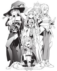  4girls armor bare_shoulders breasts cleavage collarbone dress female_knight_(goblin_slayer!) goblin_slayer! hat high_elf_archer_(goblin_slayer!) high_heels large_breasts long_hair multiple_girls official_art priestess_(goblin_slayer!) sword thighhighs weapon witch_(goblin_slayer!) witch_hat 