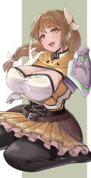  1girl arm_under_breasts black_corset braid braided_ponytail breasts brown_hair cleavage corset fire_emblem fire_emblem_engage gloves goldmary_(fire_emblem) hair_ribbon hatoboshi highres hooded_top kneeling large_breasts long_hair low_ponytail nintendo pantyhose ribbon side_ponytail single_shoulder_pad skirt solo white_ribbon yellow_eyes yellow_skirt 