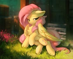  1girl feathered_wings fluttershy grass green_eyes hioshirualter my_little_pony my_little_pony:_friendship_is_magic outdoors pegasus pink_hair solo wings yellow_fur  rating:General score:8 user:danbooru