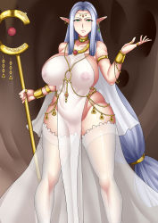 1girl absurdres armband bare_shoulders breasts circlet curvy earrings elf female_focus green_eyes grey_hair highres huge_breasts jewelry long_hair mole mole_under_mouth nipples no_bra no_panties original pelvic_curtain pointy_ears revealing_clothes ring see-through sideboob solo staff standing taima_miko_nonosama thighhighs veil very_long_hair weapon wide_hips wristband rating:Questionable score:118 user:DarthDaniel96