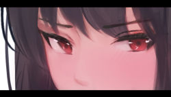  1girl absurdres black_hair blush close-up highres letterboxed looking_at_viewer original red_eyes shimmer simple_background solo white_background  rating:Sensitive score:9 user:danbooru