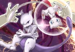  animal_ears blue_eyes cat_ears cat_tail crazy_hand creatures_(company) furry game_freak gen_1_pokemon highres kicdon legendary_pokemon looking_at_another master_hand mew_(pokemon) mewtwo mythical_pokemon nintendo pokemon pokemon_(creature) purple_eyes super_smash_bros. tail 