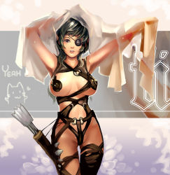  1girl arm_up arrow_(projectile) bad_id bad_pixiv_id bare_shoulders breasts brown_eyes eyepatch fantasy large_breasts looking_at_viewer messy_hair navel open_clothes original pointy_ears quiver solo xiao_qiang_(1985) 