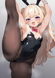  1girl :d absurdres alternate_costume animal_ears arm_behind_head arm_up armpits azur_lane bache_(azur_lane) bare_shoulders black_leotard black_pantyhose blonde_hair blush breasts cameltoe commentary covered_navel curly_hair detached_collar english_commentary fake_animal_ears fang from_below hair_between_eyes half-closed_eyes highres holding_own_leg igarashi_gozo leg_up leotard long_hair looking_at_viewer looking_down open_mouth pantyhose playboy_bunny purple_eyes rabbit_ears skin_tight small_breasts smile smug solo split standing standing_on_one_leg standing_split strapless strapless_leotard sweat thighs very_long_hair wrist_cuffs  rating:Sensitive score:47 user:danbooru