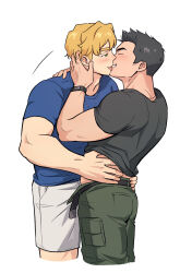  2boys absurdres ao_isami bara belt black_hair blonde_hair blue_shirt blush cargo_pants closed_eyes commentary couple cropped_legs facial_hair grey_shirt hand_on_another&#039;s_neck hand_on_another&#039;s_waist highres kiss lewis_smith male_focus multiple_boys muscular muscular_male pants shirt short_hair short_sleeves shorts sideburns_stubble simple_background stubble symbol-only_commentary unzipped wasted_m9 watch white_background white_shorts wristwatch yaoi yuuki_bakuhatsu_bang_bravern 