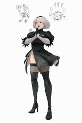  1girl 2b_(nier:automata) absurdres black_dress black_hairband black_thighhighs boots breasts dress feather-trimmed_sleeves feather_trim gloves hairband highres ifragmentix juliet_sleeves long_sleeves mole mole_under_mouth nier:automata nier_(series) no_blindfold puffy_sleeves short_hair solo thighhighs thighhighs_under_boots white_hair 