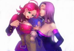 10s 1boy 2girls ahoge bad_id bad_pixiv_id bare_shoulders blue_hair blush breast_smother breasts_squeezed_together breasts cleavage dress face_to_breasts facial_mark fate/extra fate/stay_night fate_(series) francis_drake_(fate) furon_(froon) girl_sandwich green_eyes large_breasts long_hair matou_shinji medusa_(fate) medusa_(rider)_(fate) multiple_breast_smother multiple_girls one_eye_closed pink_hair purple_eyes purple_hair sandwiched school_uniform short_hair sideboob strapless strapless_dress very_long_hair wavy_hair wink rating:Questionable score:44 user:danbooru