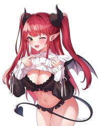  1girl absurdres artist_name black_bra blush bra breasts cosplay fake_horns fake_tail fake_wings fangs fingernails green_eyes harunyax3 highres horns kitagawa_marin large_breasts long_hair navel one_eye_closed open_mouth pointy_ears red_hair rizu-kyun sharp_fingernails smile sono_bisque_doll_wa_koi_wo_suru tail twintails underwear white_background wings 