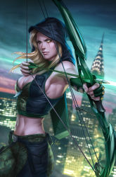  1girl aiming armpits arrow_(projectile) blonde_hair bow_(weapon) breasts camouflage city cityscape cleavage fingerless_gloves genderswap genderswap_(mtf) gloves hood medium_breasts midriff navel new_york one-eyed original quiver realistic robin_hood robyn_hood scar signature solo stanley_lau weapon zenoscope_entertainment  rating:Sensitive score:48 user:danbooru