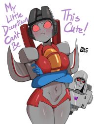  1boy 1girl can&#039;t_be_this_cute commentary cowboy_shot crop_top crossed_arms decepticon english_text genderswap genderswap_(mtf) hetero highres insignia lightsource mecha megatron navel no_humans ore_no_imouto_ga_konna_ni_kawaii_wake_ga_nai parody red_eyes robot science_fiction simple_background solo_focus starscream symbol-only_commentary title_parody transformers white_background  rating:Sensitive score:28 user:danbooru