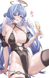  1girl alternate_breast_size alternate_costume arm_support bare_shoulders black_dress black_sleeves black_thighhighs blue_eyes blue_hair blue_nails blue_pupils blush breasts champagne_flute chinoa cleavage collarbone commentary covered_erect_nipples cup detached_sleeves diamond-shaped_pupils diamond_(shape) dress drinking_glass embarrassed english_commentary feet_out_of_frame groin hair_between_eyes hair_bun halo head_wings heart highres holding holding_cup honkai:_star_rail honkai_(series) huge_breasts jewel_under_eye knees_out_of_frame long_hair looking_at_viewer nail_polish open_mouth paid_reward_available patreon_username pelvic_curtain robin_(honkai:_star_rail) sidelocks simple_background single_hair_bun sitting skindentation smile solo sweat symbol-shaped_pupils thigh_strap thighhighs thighs very_long_hair white_background wings 