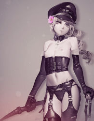  1girl absurdres alphonse_(white_datura) ball_gag black_gloves black_hat black_thighhighs cameltoe cross cross_necklace dated detached_collar dominatrix drill_hair female_focus flat_chest flower gag garter_belt gloves hair_flower hair_ornament hat highres holding holding_gag holding_whip jewelry loli long_hair looking_at_viewer muk_(monsieur) necklace nipples original peaked_cap signature solo standing thighhighs  rating:Questionable score:521 user:danbooru