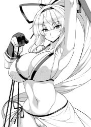 1girl arm_up armpits arrow_(projectile) bikini blunt_bangs blush bow_(weapon) breasts cleavage closed_mouth collarbone cowboy_shot curvy gloves greyscale groin hair_between_eyes hair_ribbon hairband high_ponytail highres large_breasts long_hair looking_at_viewer majikina_mina monochrome navel panties partially_fingerless_gloves partly_fingerless_gloves ponytail quiver ribbon samurai_spirits sarong single_glove snk solo stomach swimsuit underwear very_long_hair weapon white_panties wide_hips yasakani_an yugake rating:Sensitive score:8 user:danbooru