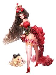  2girls alice_(alice_in_wonderland) alice_in_wonderland bad_anatomy bare_shoulders blonde_hair bow breasts brown_hair candlefish closed_eyes crown curly_hair decapitation disembodied_head dress earrings frills gem hair_bow heart high_heels jewelry large_breasts leaning_forward long_hair looking_at_viewer looking_back md5_mismatch multiple_girls no_bra queen_of_hearts_(alice_in_wonderland) red_dress red_eyes red_footwear red_heels shoes simple_background standing thighhighs very_long_hair wavy_hair white_background yukkuri_shiteitte_ne zettai_ryouiki 