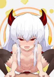  1boy 1girl absurdres blush bombergirl breasts brown_thighhighs censored collarbone cowgirl_position demon_girl demon_horns girl_on_top grim_aloe hetero highres horns kunabishi loli long_hair looking_at_viewer navel nipples nude open_mouth pubic_tattoo pussy quiz_magic_academy_the_world_evolve red_eyes red_horns sex sidelocks small_breasts smile spread_legs squatting straddling tail tail_wrap tailjob tattoo thighhighs thighs twintails vaginal very_long_hair white_hair 