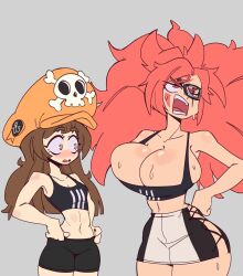  2girls absurdres arc_system_works baiken barely_contained blush breasts brown_eyes brown_hair cleavage dkajart eyepatch guilty_gear hat highres huge_breasts may_(guilty_gear) medium_support_(meme) multiple_girls pink_eyes pink_hair shorts skirt small_breasts sweat 
