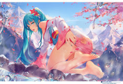 1girl 2016 ahoge all_fours artist_name ass atdan bare_legs barefoot blue_eyes blue_hair blue_nails blue_sky breasts character_name cherry_blossoms convenient_censoring dated day dutch_angle eyelashes feet fingernails floral_print flower hair_between_eyes hair_flower hair_ornament hair_ribbon hand_on_ass hatsune_miku japanese_clothes kimono letterboxed long_hair long_sleeves looking_at_viewer matching_hair/eyes medium_breasts mountain nail_polish obi off_shoulder on_ground onsen open_mouth petals print_kimono red_flower revision ribbon sash short_kimono sky snow soles solo star-shaped_pupils star_(symbol) steam symbol-shaped_pupils toenail_polish toenails toes twintails very_long_hair vocaloid water_drop rating:Questionable score:45 user:danbooru