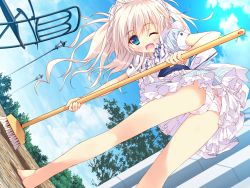  1girl ass barefoot blush broom cameltoe dress feng from_behind katagai_shione loli one_eye_closed outdoors panties solo thighs underwear wink  rating:Questionable score:19 user:zarferious_moof