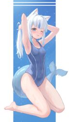 1girl absurdres animal_ear_fluff animal_ears armpits arms_behind_back arms_behind_head bare_arms bare_legs bare_shoulders barefoot blue_eyes blue_hair blue_one-piece_swimsuit breasts collarbone commentary english_commentary feet fins fish_tail fpvjoe full_body gawr_gura grey_hair highres hololive hololive_english kneeling long_hair looking_at_viewer multicolored_hair one-piece_swimsuit shark_tail small_breasts solo streaked_hair swimsuit tail tying_hair virtual_youtuber wet