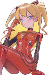  1girl absurdres blue_eyes bodysuit breasts highres interface_headset looking_at_viewer neon_genesis_evangelion orange_hair plugsuit red_bodysuit saaal653 shiny_clothes sitting skin_tight small_breasts solo souryuu_asuka_langley tsurime two_side_up white_background  rating:Sensitive score:11 user:danbooru