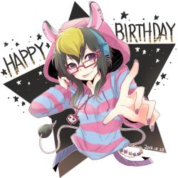  10s 1girl 2016 :p airesu animal_ears black_hair blue_eyes chain dated glasses happy_birthday headphones hood hoodie looking_at_viewer multicolored_hair nail_polish pointing pointing_at_viewer purple_nails red-framed_eyewear short_hair show_by_rock!! sidelocks simple_background smile solo star_(symbol) streaked_hair striped_clothes striped_hoodie tongue tongue_out white_background zebra_ears zebra_tail zebrina_(show_by_rock!!) 