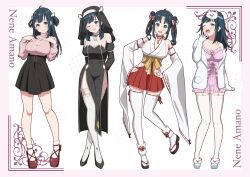  1girl ;p absurdres ahoge amano_nene_(vtuber) amano_nene_(vtuber)_(1st_costume) amano_nene_(vtuber)_(2nd_costume) amano_nene_(vtuber)_(pajama) amano_nene_(vtuber)_(shrine_maiden) ankle_garter arms_behind_back bare_shoulders black_dress black_hair black_skirt black_sleeves black_veil bloomers blue_eyes blush bow breasts character_name choker cleavage cleavage_cutout closed_mouth clothing_cutout cloudtomo_(amano_nene) commentary_request commission covering_own_mouth detached_collar detached_sleeves double_bun dress facial_mark forehead_mark frilled_nightgown full_body hair_bun hair_rings hakama hakama_short_skirt hakama_skirt half_updo hand_on_own_hip hand_over_own_mouth heart_cutout high-waist_skirt high_collar high_heels highres hip_vent jacket japanese_clothes juliet_sleeves kimono large_breasts legwear_garter long_dress long_hair long_sleeves looking_at_viewer low_twintails mary_janes mask mask_on_head medium_hair miniskirt multiple_views nightgown nontraditional_miko nun obi official_alternate_costume official_alternate_hairstyle one_eye_closed parted_bangs parted_hair pelvic_curtain pink_bloomers pink_nightgown pink_sweater production_kawaii puffy_sleeves pumps red_choker red_footwear red_skirt ribbed_sweater ribbon-trimmed_thighhighs ribbon_trim sandals sash see-through shoes side_slit sideless_kimono sidelocks skeb_commission skirt sleep_mask sleeve_garter sleeveless sleeveless_kimono smile socks spaghetti_strap strapless strapless_dress suspender_skirt suspenders sweater taiga_sb thigh_strap thighhighs tongue tongue_out turtleneck turtleneck_sweater twintails underbust underwear veil virtual_youtuber waist_bow white_jacket white_socks white_thighhighs wide_sleeves wing_hair_ornament yawning yellow_sash zouri 
