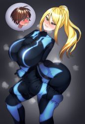  1boy 1girl artist_self-insert between_breasts blonde_hair blue_eyes bodysuit breast_smother breasts brown_eyes brown_hair clothed_sex clothes_entrapment drooling face_to_breasts femdom head_between_breasts highres huge_breasts long_hair metroid mole mole_under_mouth nikichi nintendo ponytail rape samus_aran shared_clothes taller_female under_another&#039;s_clothes zero_suit  rating:Explicit score:160 user:SwordkingX4
