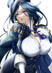  1girl ascot black_corset blue_cape blue_capelet blue_hair blue_hat breasts cape capelet clorinde_(genshin_impact) corset dark_blue_hair fold-over_gloves framed_breasts genshin_impact gloves hat hat_feather highres large_breasts low_ponytail mait purple_ascot shirt solo taut_clothes taut_shirt upper_body white_gloves 