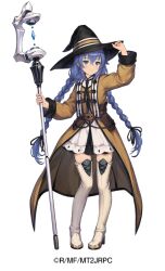  1girl black_hat black_ribbon blue_eyes blue_hair boots braid brown_dust_2 brown_robe dress eyebrows_hidden_by_hair full_body hair_between_eyes hair_ribbon hand_on_headwear hat high_heel_boots high_heels holding holding_staff light_blush long_hair mage_staff mushoku_tensei official_art ribbon robe roxy_migurdia second-party_source simple_background smile solo staff thigh_boots twin_braids very_long_hair white_background white_dress white_footwear witch_hat 