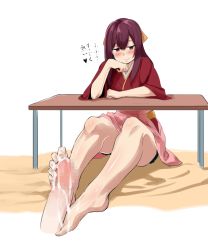 1girl barefoot blush brown_eyes brown_hair censored cum feet footjob head_rest japanese_clothes kamikaze_(kancolle) kantai_collection long_hair looking_at_viewer penis smile table toes translated rating:Explicit score:29 user:ssfl