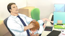  1girl box breasts brown_hair censored chair condom condom_wrapper desk fellatio hands_on_another&#039;s_head highres indoors keyboard kono_kaisha..._nanika_okashii! large_breasts legs mosaic_censoring mouse_(computer) necktie no_eyes office open_mouth oral original penis pink_doragon short_hair sitting someoka_yusura stealth_fellatio stealth_sex thighs third-party_edit 