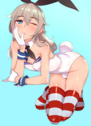 10s 1boy adapted_costume animal_ears ascot bad_id bad_pixiv_id blue_eyes bulge detached_collar fake_animal_ears finger_in_own_mouth genderswap genderswap_(ftm) gloves highres kantai_collection kyuuso_inukami leotard long_hair male_playboy_bunny one_eye_closed playboy_bunny rabbit_ears rabbit_tail shimakaze-kun shimakaze_(kancolle) silver_hair solo striped_clothes striped_thighhighs tail thighhighs trap wrist_cuffs rating:Sensitive score:187 user:danbooru