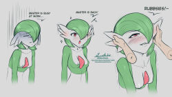  1girl aroused biting_own_lip breasts creatures_(company) disembodied_hand doktor_malefic english_text game_freak gardevoir gen_3_pokemon green_hair grey_background hair_over_one_eye highres nintendo pokemon pokemon_(creature) red_eyes rubbing_ears sequential short_hair simple_background smile upper_body 