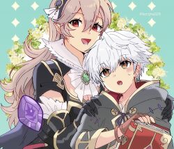  1boy 1girl book breasts brown_gloves brown_hair cleavage corrin_(female)_(fire_emblem) corrin_(female)_(nohr_noble)_(fire_emblem) corrin_(fire_emblem) dragonstone fingerless_gloves fire_emblem fire_emblem_awakening fire_emblem_fates fire_emblem_heroes gloves grey_hair highres holding holding_book kiriya_(552260) long_hair nintendo official_alternate_costume open_mouth red_eyes robin_(fire_emblem) robin_(male)_(child)_(fire_emblem) robin_(male)_(fire_emblem) smile upper_body white_hair 